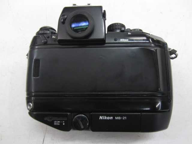 Camera, Nikon F4 Camera Body, Serial Number 2114326, With Nikon MB21 Battery Pack Attached, Non-Operational, Black, Nikon, 1980s+, Plastic, 5"H, 6"W, 3"L