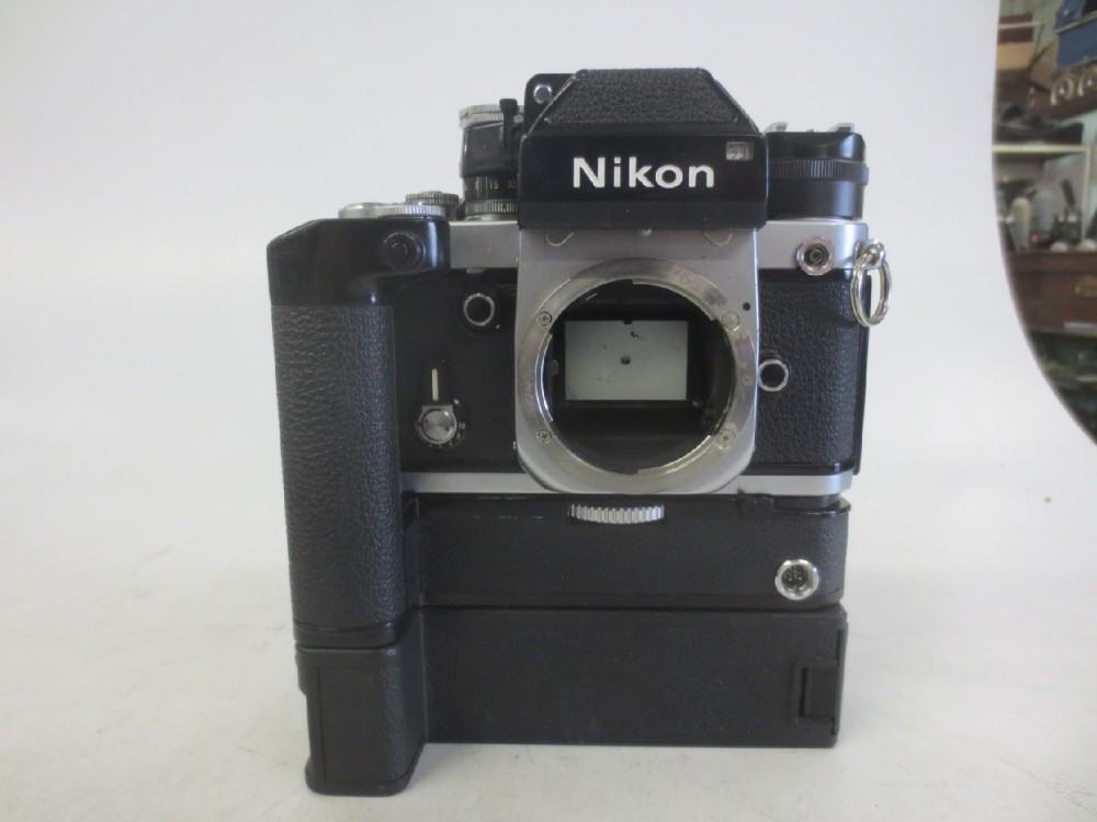 MODEL F2.  Ser.No.F2-7413994.  With MB-2 Battery Box And MD-3 Motor Drive Attached.  PRACTICAL., Black, Nikon, 1970+, Metal, Japan