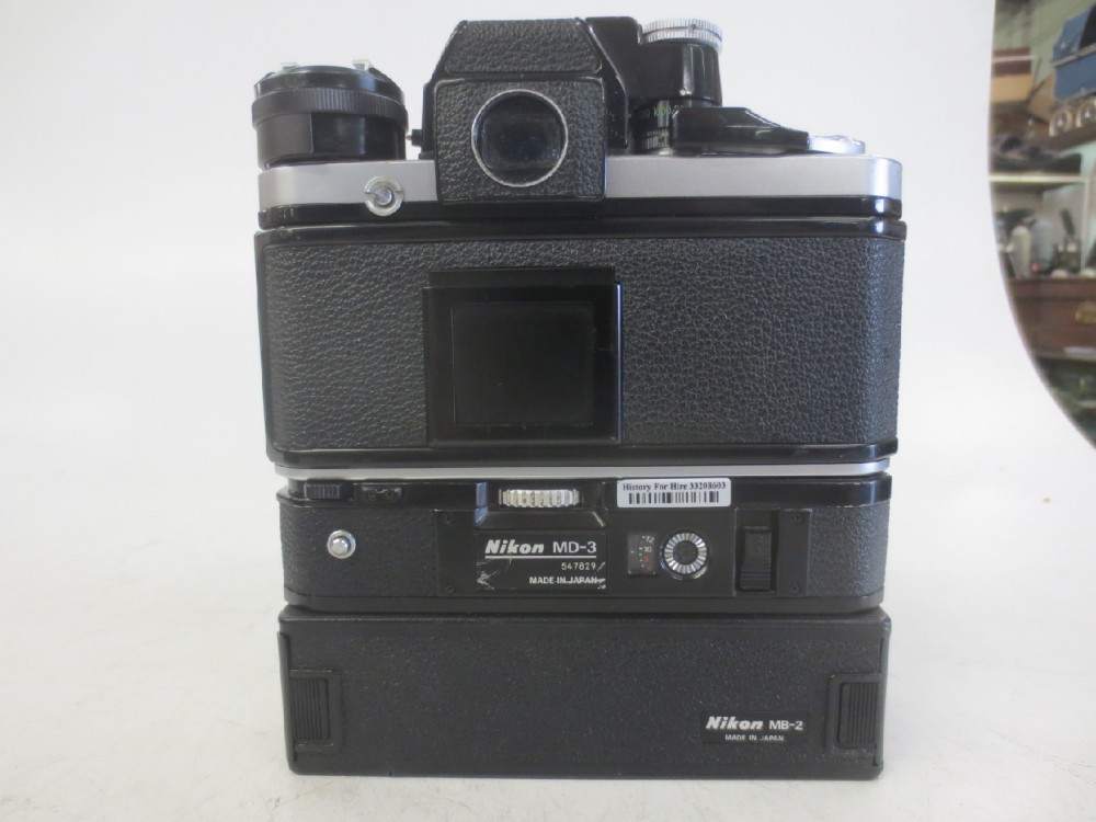 MODEL F2.  Ser.No.F2-7413994.  With MB-2 Battery Box And MD-3 Motor Drive Attached.  PRACTICAL., Black, Nikon, 1970+, Metal, Japan