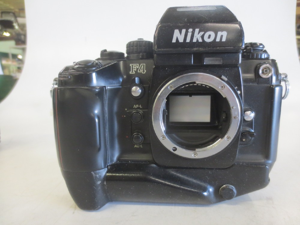 Camera, 35mm, Nikon F4 Camera Body, Serial Number.2465580, With MB-21 Motor Drive And MF-23 Multi-Control Back Attached, Non-Operational, Black, 1980s+, Metal