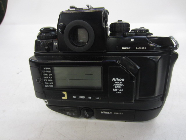 Camera, 35mm, Nikon F4 Camera Body, Serial Number.2465580, With MB-21 Motor Drive And MF-23 Multi-Control Back Attached, Non-Operational, Black, 1980s+, Metal