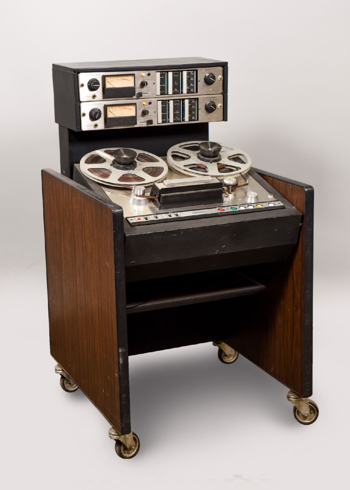 Reel-To-Reel Tape Recorder, AMPEX AG440B, Stereo Tape Recorder For Studio Or Radio, Adjustible Deck Angle, Has Matching Partner, Comes With Hubs, Reels, And Tape, Practical, Woodgrain, Ampex, 1960s+, 43"H, 24"W, 28"L