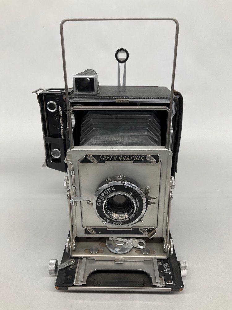Camera, Graflex Speed Graphic, With Lens, Side-Mounted Hand Strap, And Film Magazine, Silver, 1950s+, Metal