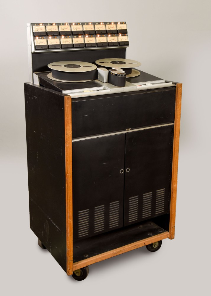 Reel-To-Reel Tape Recorder, Rolling, 3M Model M56, 16-Track,  2 Inch Tape, Match To 3M M65 Recorder, Comes With Hubs Reels, Tape, "Play" and "Rewind" Function, No "Fast Forward", Black, 3M, 1960s+, 53"H, 27"W, 22"L