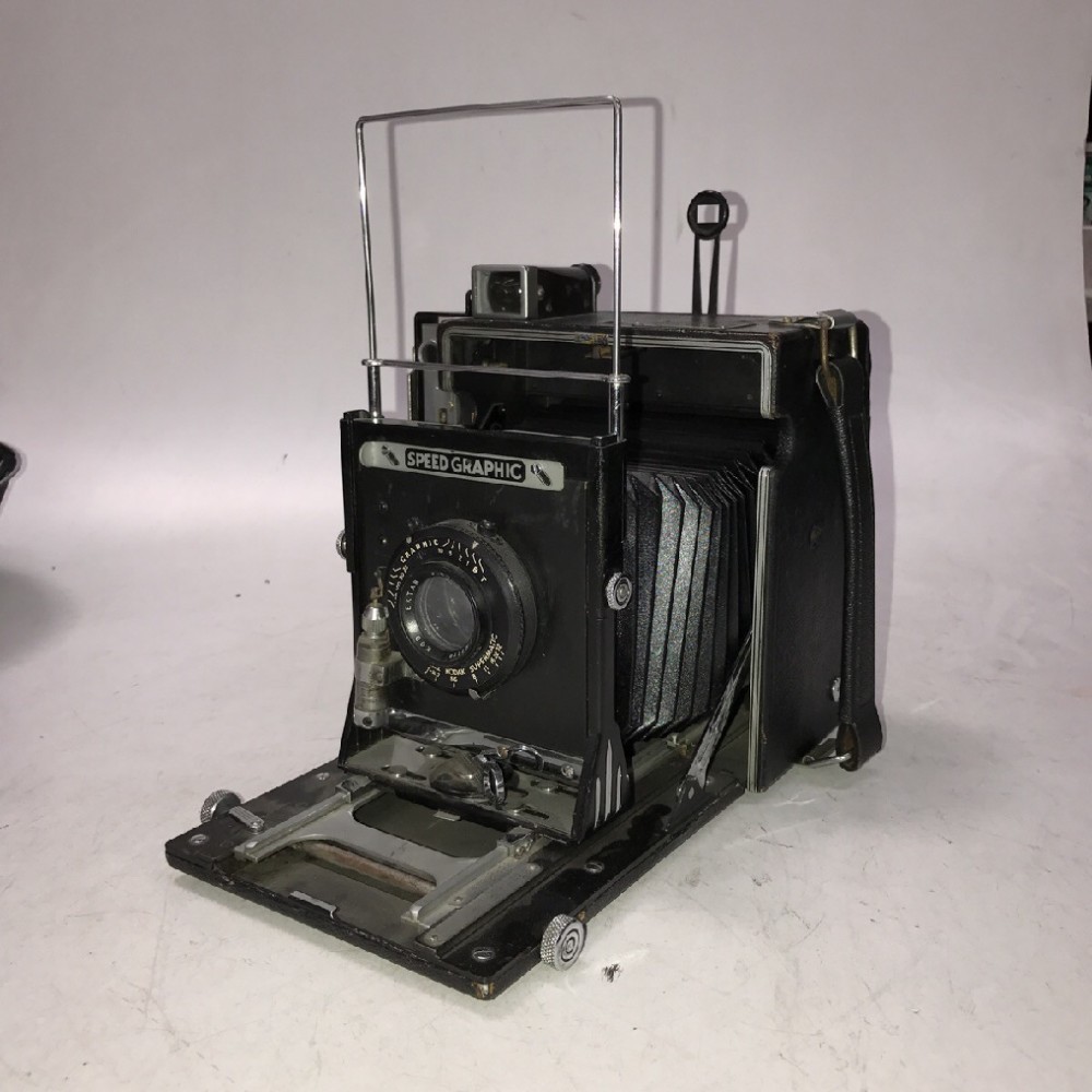 Camera, Graflex Speed Graphic, Anniversary Model, With Lens, Film Magazine And Side Handle, Black, Graflex, 1940s+, Metal