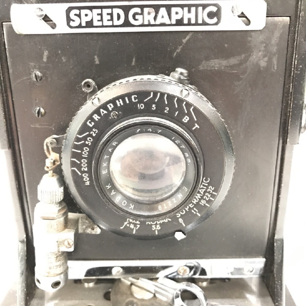 Camera, Graflex Speed Graphic, Anniversary Model, With Lens, Film Magazine And Side Handle, Black, Graflex, 1940s+, Metal