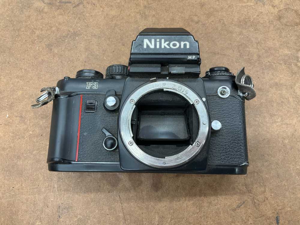 35mm Camera, F3, HP Motordrive, Shutter NP, , Black Cloth Strap, With All Parts, circa 1983 Serial 1648960, Black, Nikon, 1980+, Metal, Japan
