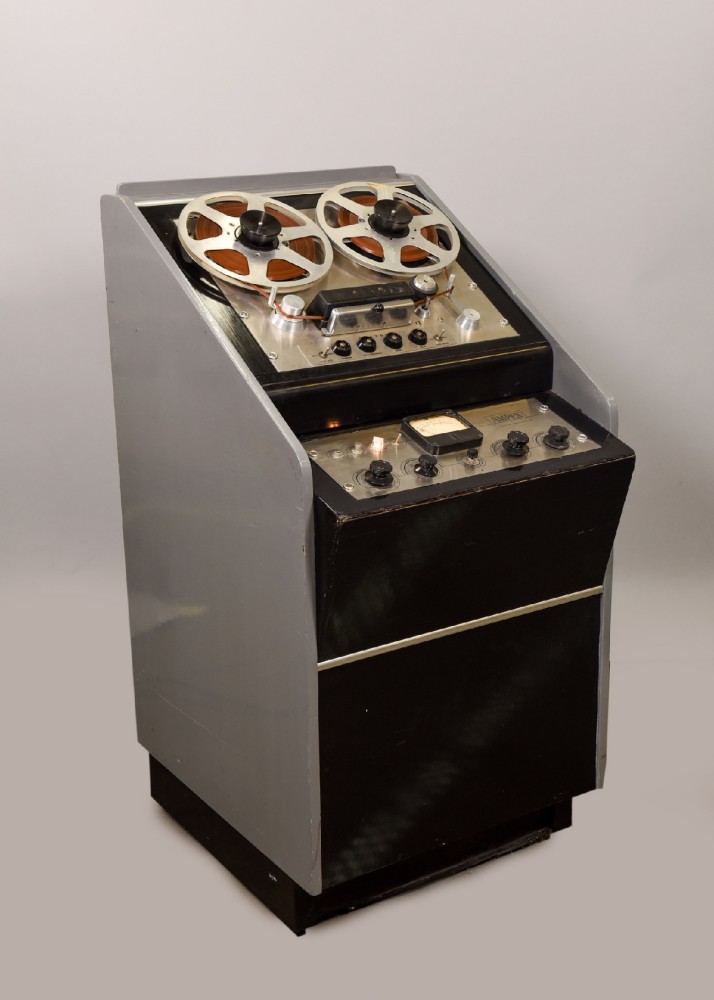 Reel-To-Reel Tape Recorder, AMPEX Model 300 / 351, Mono, 1/4 Inch, Mounted In Rolling Wooden Cabinet, Painted Gray, Matched To CBS Equipment, Matching Partner Available In Gray Or Black, Comes With Hubs, Reels, And Tape, Silver, AMPEX, 1950s+, 48"H, 24.5"W, 30"L