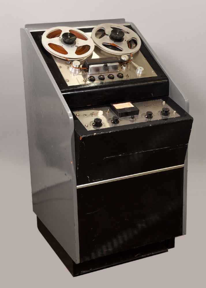 Reel-To-Reel Tape Recorder, AMPEX Model 350, Mono Tape Recorder, 1/4 Inch, Mounted In Rolling Wooden Cabinet, Painted Gray, Matched To CBS Equipment, Matching Partner Available In Gray Or Black, Comes With Hubs, Reels, And Tape, Gray, 100, 1950s+, 48"H, 24.5"W, 30"L