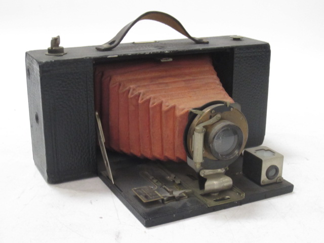 Camera, Leather Body, Red Bellows, Brass Lens, Black, Kodak, 1920+