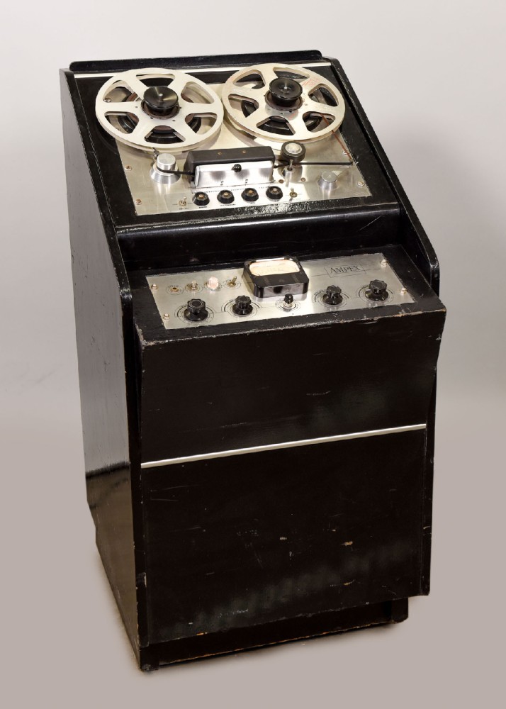 Reel-To-Reel Tape Recorder, AMPEX Model 300 / 351, Mono Tape Recorder, 1/4 Inch, Mounted In Rolling Wooden Cabinet, Painted Black, Matched To CBS Equipment, Matching Partner Available In Gray Or Black, Comes With Hubs, Reels, And Tape, No Back Panel, Black, AMPEX, 1950s+, 48"H, 24"W, 30"L