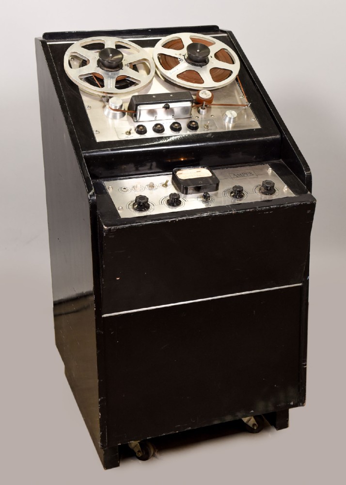 Reel-To-Reel Tape Recorder, AMPEX Model 300 / 351, Mono Tape Recorder, 1/4 Inch, Mounted In Rolling Wooden Cabinet, Painted Black, Matched To CBS Equipment, Matching Partner Available In Gray Or Black, Comes With Hubs, Reels, And Tape, Black, AMPEX, 1950s+, 48"H, 24.5"W, 30"L