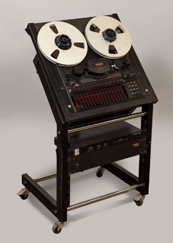 Reel-To-Reel Tape Recorder, Fostex E_16 16 Track Tape Recorder For Recording, Mounted In Rolling Open Rack, With Rack Space Below, Fostex Power Supply Mounted Below 16 LED Meters, For Hubs, Reels, And Tape, Black, Fostex, 1980s+, Metal, 43"H, 22"W, 21"L