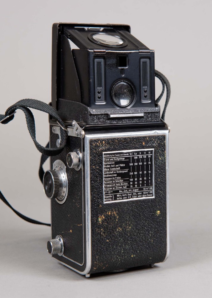 Camera, Rolleiflex, Ser.No.1149514, With Compur Rapid Franke & Heidecke DLR Lenses And Neck Strap. Uses 120 film., Black, Rolleiflex, 1940+, Metal, Germany, 3.5, 3", 6"