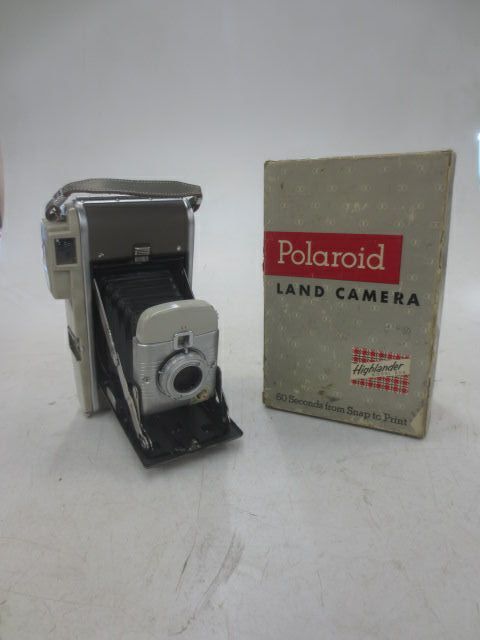 Polaroid Land Camera "Highlander Model 80", In Box. Used type 30-Series roll film.  Introduced: 1954, Gray, Polaroid, 1950s+, Metal, USA