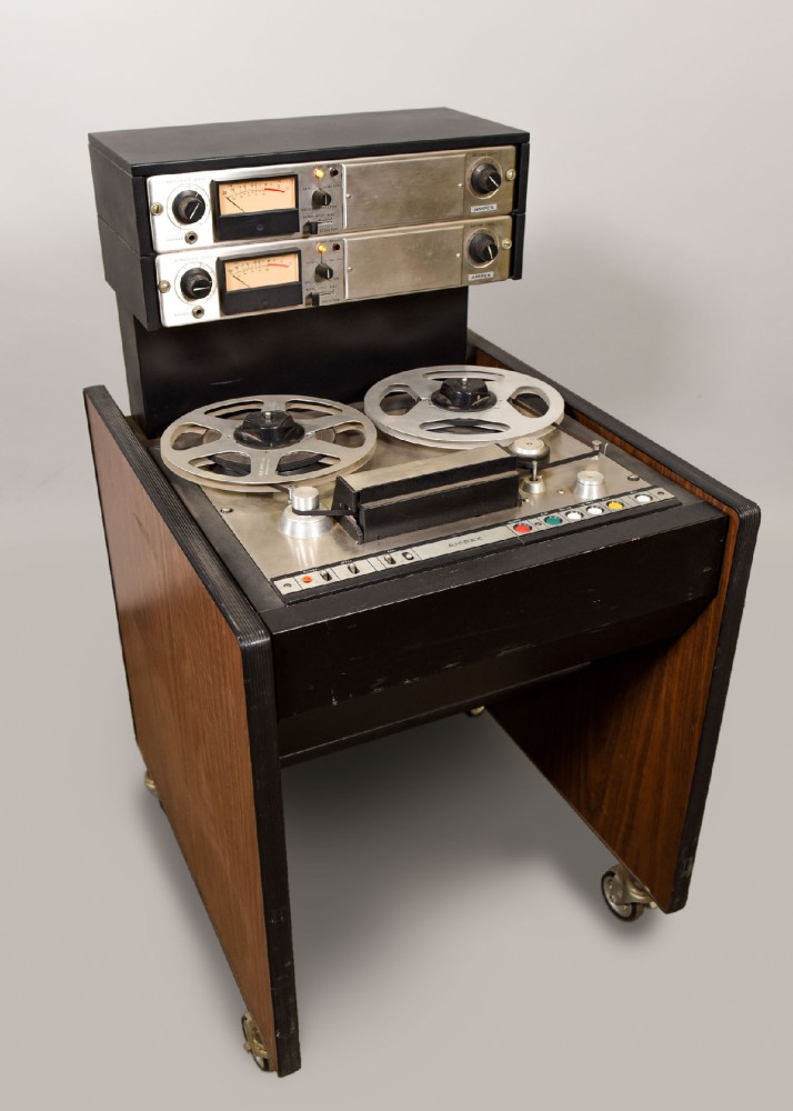 Reel-To-Reel Tape Recorder, Rolling, AMPEX AG440B, Stereo Recorder For Studio Or Radio, Adjustible Deck Angle, Has Matching Partner, Comes With Hubs, Reels, And Tape, Practical, Woodgrain, Ampex, 1960s+, 43"H, 24"W, 28"L