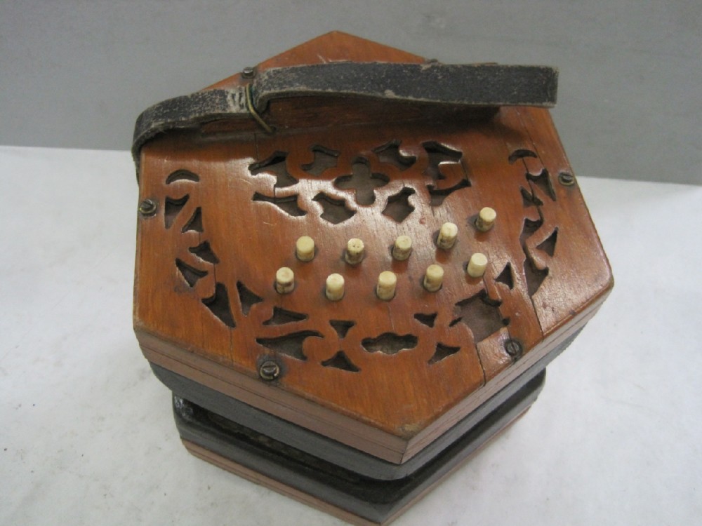 Concertina, Lighter Brown Wood, Leather Straps, Non Operational, Brown, 1830s+, 6" H, 6" W, 6" L