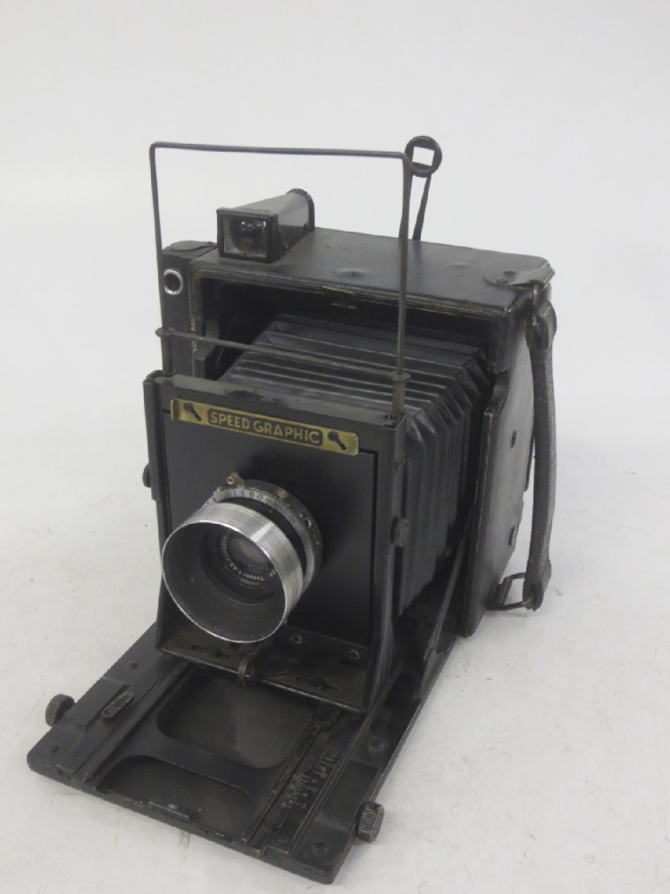 Camera, Graflex Speed Graphic, Anniversary Model, With Lens, Film Magazine, And Side Handle, Black, 1940s+, Metal