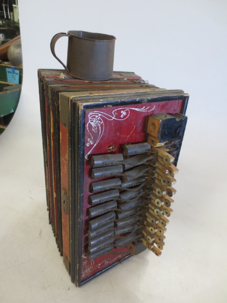 Accordion, Very Aged, Ariette Brand,  Tin Cup Attached On Top, Brown, Ariette , 1900s+, Wood, 17" H, 8" W, 13" L