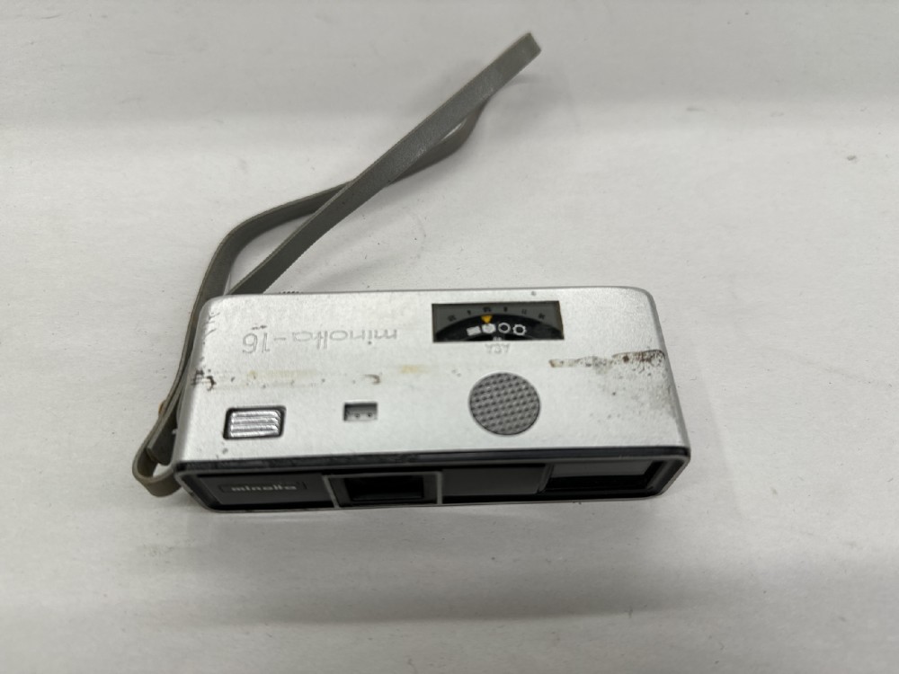 Camera, 16mm, Very Small, Minolta-16 Model-P, Practical Mechanism, With Wrist Lanyard, Silver, 1960s+, Metal