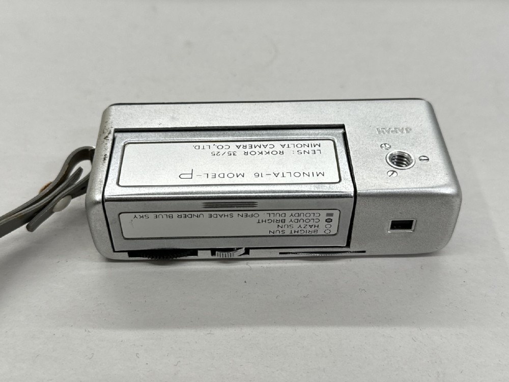 Camera, 16mm, Very Small, Minolta-16 Model-P, Practical Mechanism, With Wrist Lanyard, Silver, 1960s+, Metal