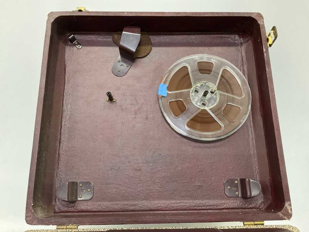 Reel-To-Reel Tape Recorder, Webcor Model 2010-1, Has Top Lid, Cloth Covered Outside Body And Plastic Handle, No Microphone, NonPractical, Brown, Webcor, 1950s+, Wood