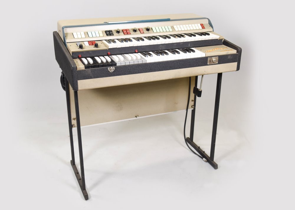 Keyboard, Organ, Farfisa Model C\D30 Compact Duo, With Power Supply Connection Cable And Pedal Connection Cable Attached, With Latching Cover, Introduced 1965, Partially Practical (Lights Light Up, And It Can Be Played, But Only The Upper Keyboard Produces Any Sound, Some Keys Do Not Play The Correct Note, And The Power Supply For The Keyboard Is Electrically Noisy, Beige, Farfisa, 1960s+, Metal