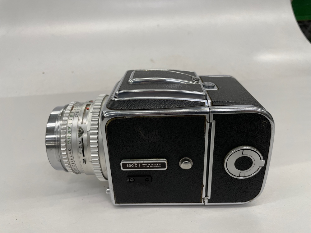 Camera, Hasselblad Model 500C, Ser.No.CE36648, With Film Back And Sun Shade, Manufactured From 1957 To 1970, Black, Hasselblad, 1957+, Metal, 4.5" W, 8" D, 4.5" H