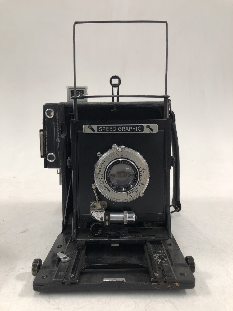 Camera, Graflex Speed Graphic, No Serial Number, With Kodak Supermatic 127mm Lens Serial  Number EC2912, With Film Magazine And Side Handle, Black, 1940s+, Wood, USA