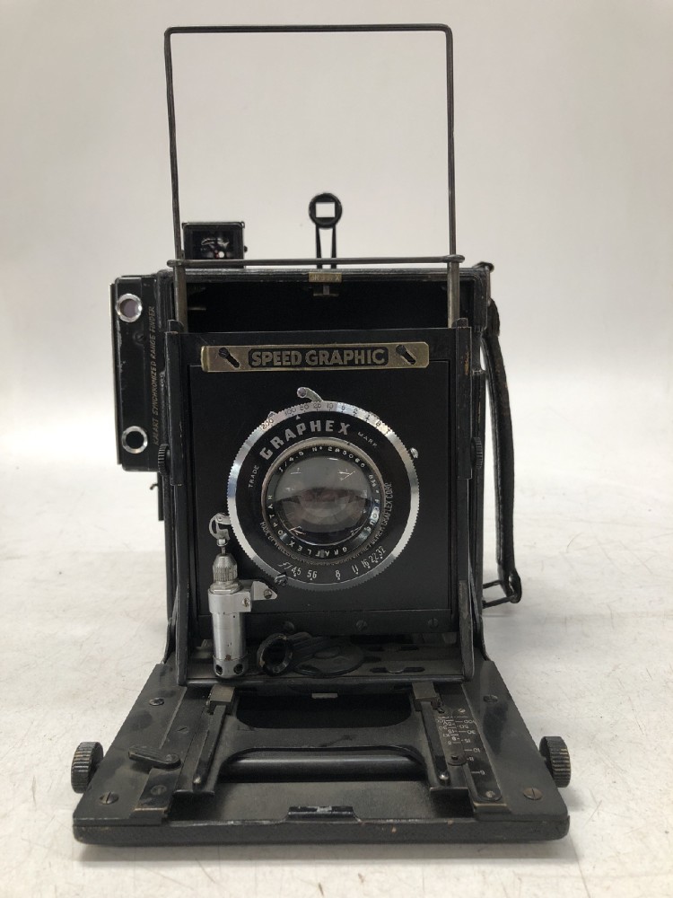 Camera, Graflex Speed Graphic, No Serial Number, With Graphex Optar Lens Serial Number 295065, With Film Magazine And Side Handle, Black, 1940s+, Wood, USA