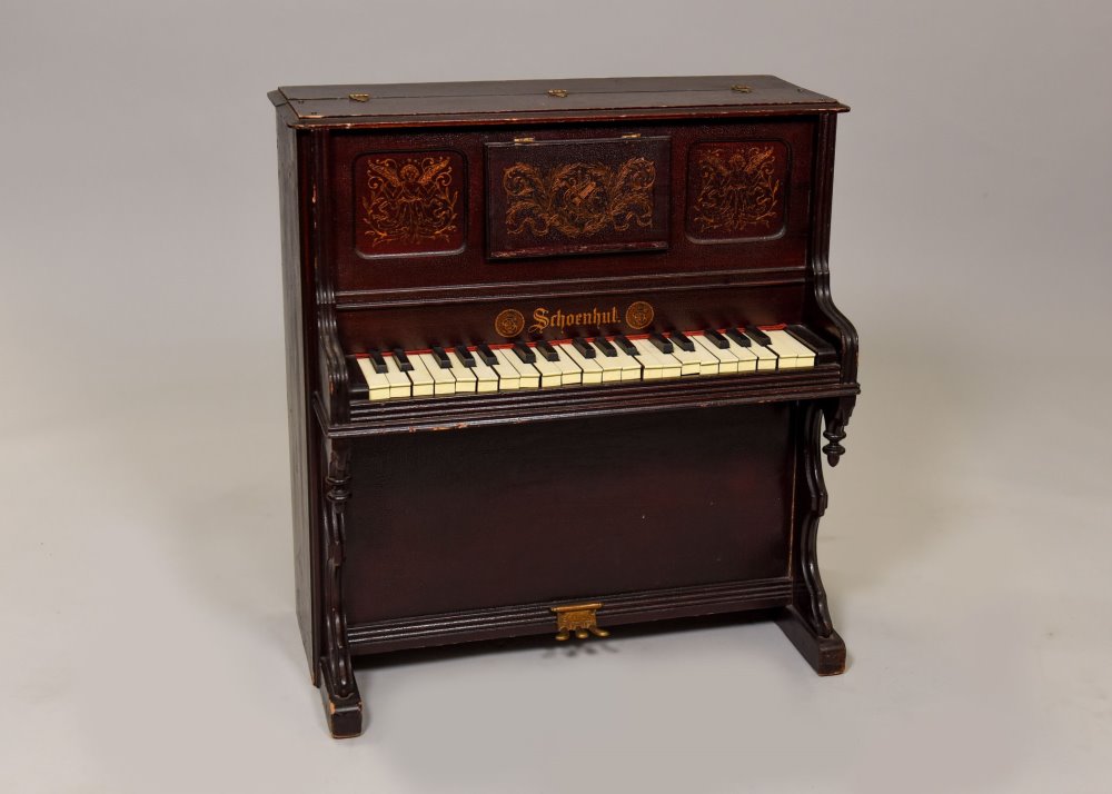 Keyboard, Piano Celeste, Schoenhut Brand, Practical, Music Stand Door In Front, Brass Pedal For Look, Brown, Schoenhut, 1900s+, Wood, 27"H, 13"W, 26"L