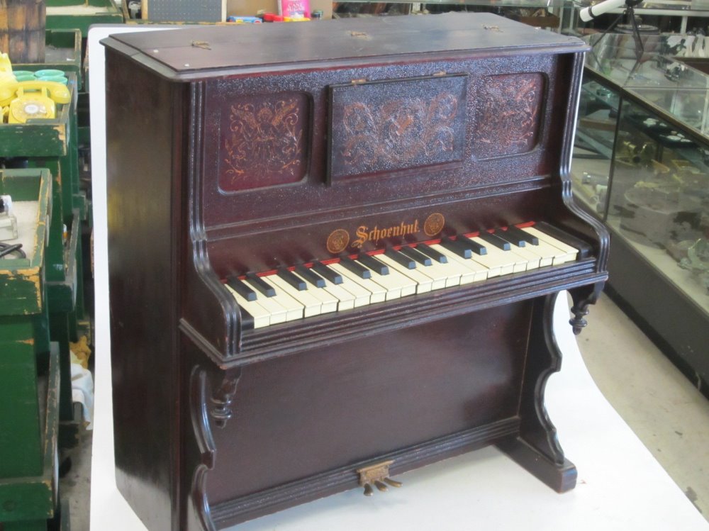 Keyboard, Piano Celeste, Schoenhut Brand, Practical, Music Stand Door In Front, Brass Pedal For Look, Brown, Schoenhut, 1900s+, Wood, 27"H, 13"W, 26"L