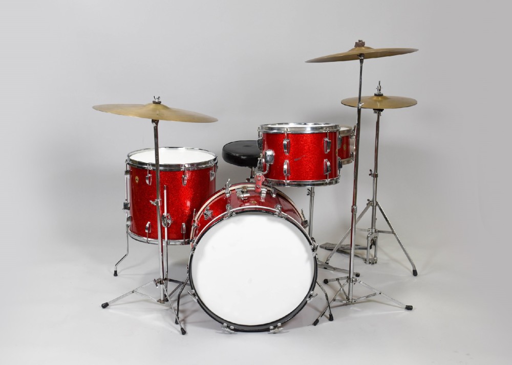 Drum Set, Bass Drum, 4 or 5 Piece Drum Set, Set Price Includes:Bass Drum (20 X 14), Snare Drum, Snare Stand, Floor Tom, 1  Rack Tom, Ride Cymbal, Crash Cymbal, Hi-Hat Cymbals, 2 Cymbal Stands, Hi-Hat Stand, Bass Drum Pedal, Drum Seat(Throne), and Stick Bag, Red, Sparkle, Ludwig, 1950s, 22" W, 14" D