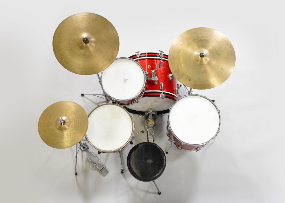 Drum Set, Bass Drum, 4 or 5 Piece Drum Set, Set Price Includes:Bass Drum (22 X 14), Snare Drum, Snare Stand, Floor Tom, (1 or 2) Rack Toms, Ride Cymbal, Crash Cymbal, Hi-Hat Cymbals, 2 Cymbal Stands, Hi-Hat Stand, Bass Drum Pedal, Drum Seat(Throne), and Stick Bag, Red, Sparkle, Ludwig, 1950s, 22" W, 14" D
