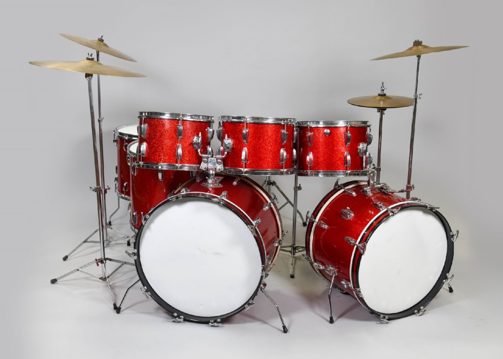 Drum Set, Bass Drum, 4 or 5 Piece Drum Set, Set Price Includes:Bass Drum (20 X 14), Snare Drum, Snare Stand, Floor Tom, 1  Rack Tom, Ride Cymbal, Crash Cymbal, Hi-Hat Cymbals, 2 Cymbal Stands, Hi-Hat Stand, Bass Drum Pedal, Drum Seat(Throne), and Stick Bag, Red, Sparkle, Ludwig, 1950s, 22" W, 14" D
