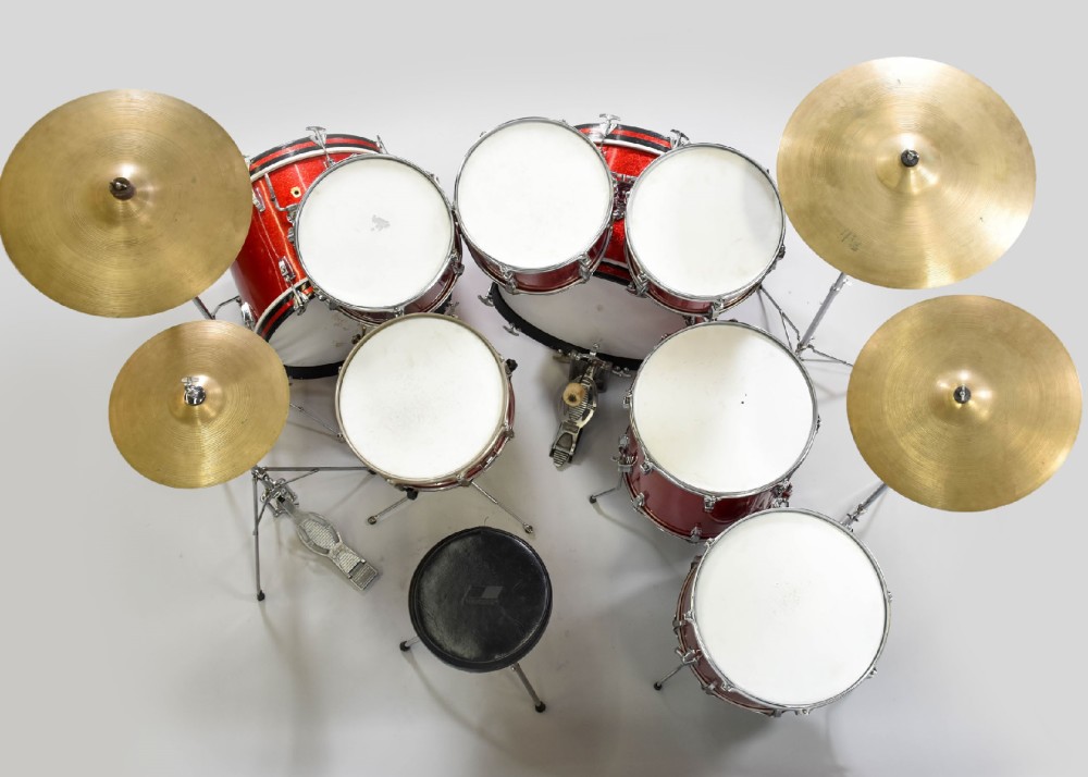 Drum Set, Bass Drum, 4 or 5 Piece Drum Set, Set Price Includes:Bass Drum (22 X 14), Snare Drum, Snare Stand, Floor Tom, (1 or 2) Rack Toms, Ride Cymbal, Crash Cymbal, Hi-Hat Cymbals, 2 Cymbal Stands, Hi-Hat Stand, Bass Drum Pedal, Drum Seat(Throne), and Stick Bag, Red, Sparkle, Ludwig, 1950s, 22" W, 14" D