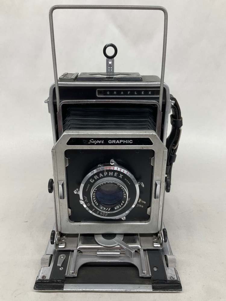 Camera, Graflex Super Speed Graphic, With Lens, Film Magazine, And Side Handle, Silver, 1940s+, Metal