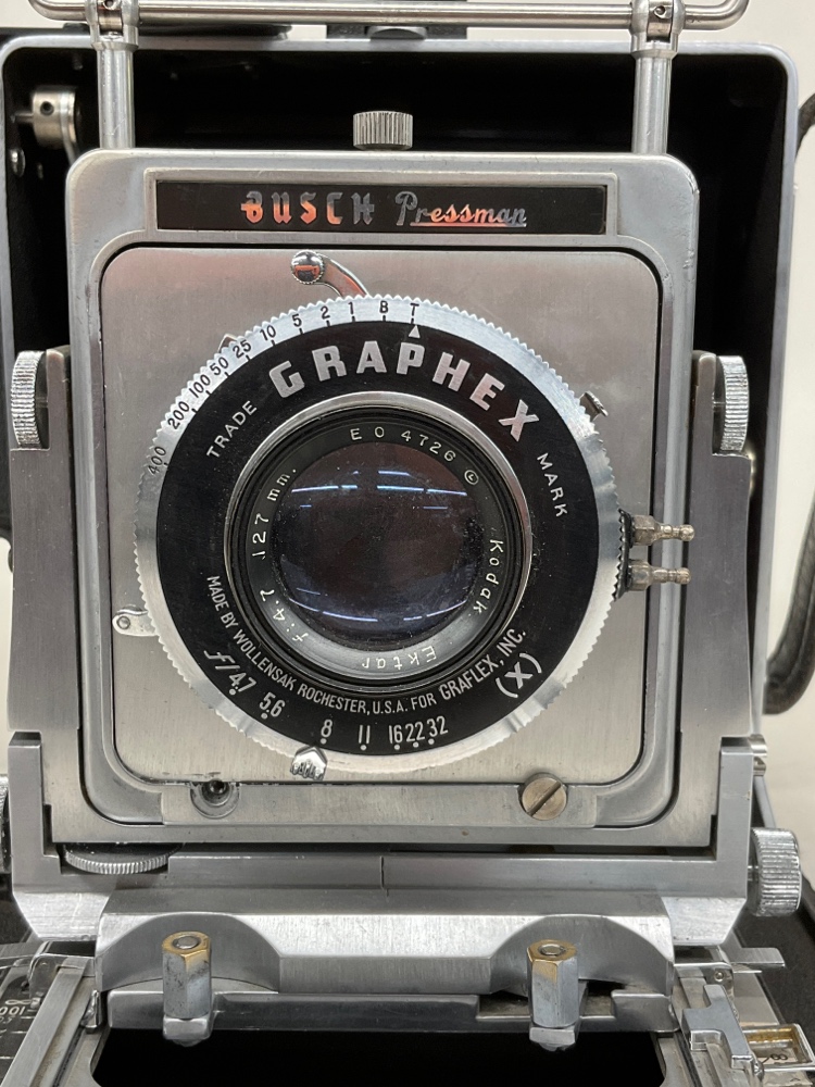 Camera, Serial Number D109508, With Kodak Graphex 127mm Lens Serial Number E04726, With Film Magazine And Side Handle, Black, Busch Pressman, 1950s+, 10"w, 15"h, 10"d
