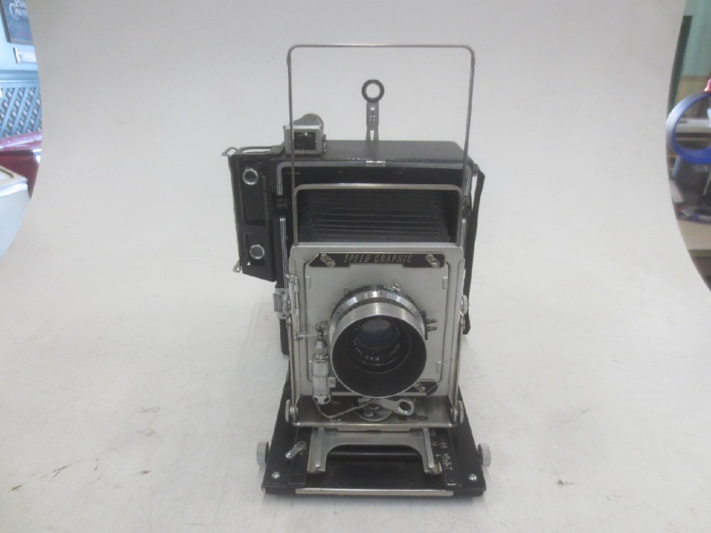 Camera, Graflex Speed Graphic, With Lens, Film Magazine, And Side Handle, Black, 1950s+, Metal