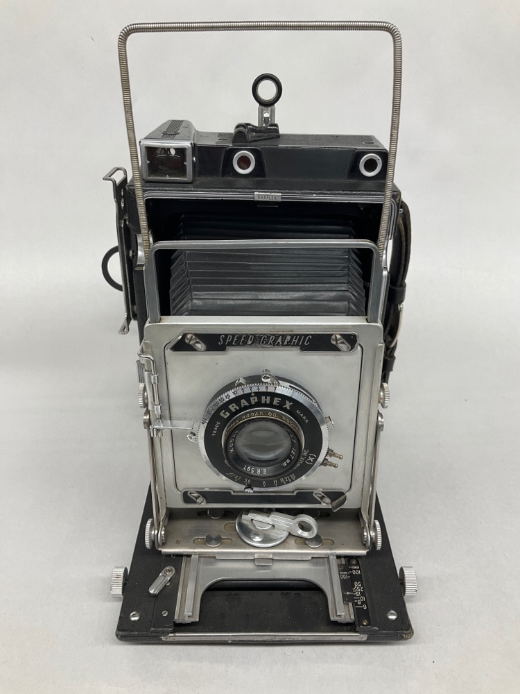 Camera, Graflex Speed Graphic, With Lens, Film Magazine, And Side Handle, Black, 1940s+, Metal, 11"L, 14"H, 9"W