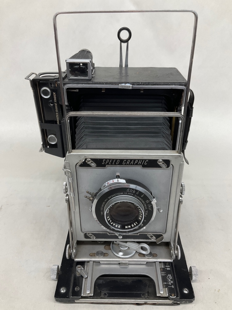 Camera, Graflex Speed Graphic, With Lens, Film Magazine, And Side Handle, Black, 1940s+, Metal