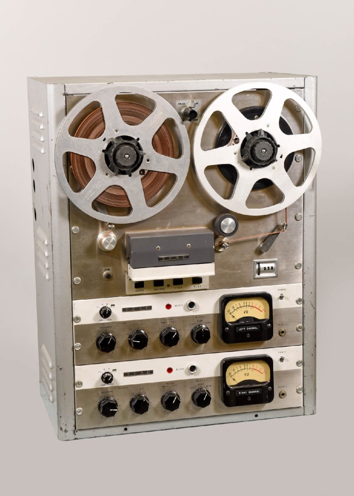 Reel-To-Reel Tape Recorder, Teac Model 300, 354, Stereo, Recording Radio, 1/4 Inch Stereo, Comes With Hubs, Reels, Tape, Mounted In Curved Metal Rack, Silver, Teac, 1960s+, 28"H, 22"W, 14"L