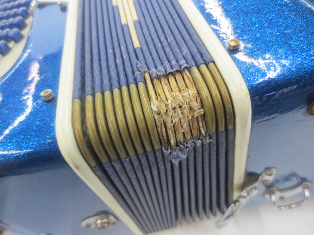Accordion, Castelfidardo Brand, Two straps attached.Not practical. Bellows are missing silver tops., Blue, Sparkle, Castelfidardo, 1950s+, 18" H, 18" W, 10" L