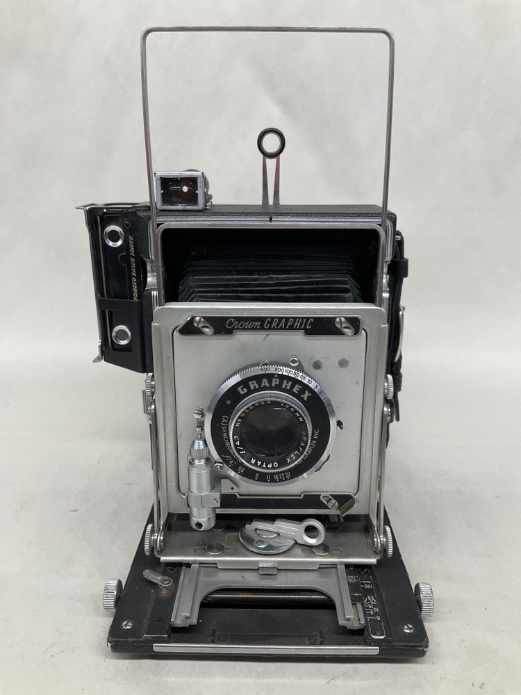 Camera, Graflex Crown Graphic, With Lens, Film Magazine, And Side Handle, Silver, Crown Graphic, 1940s+, USA