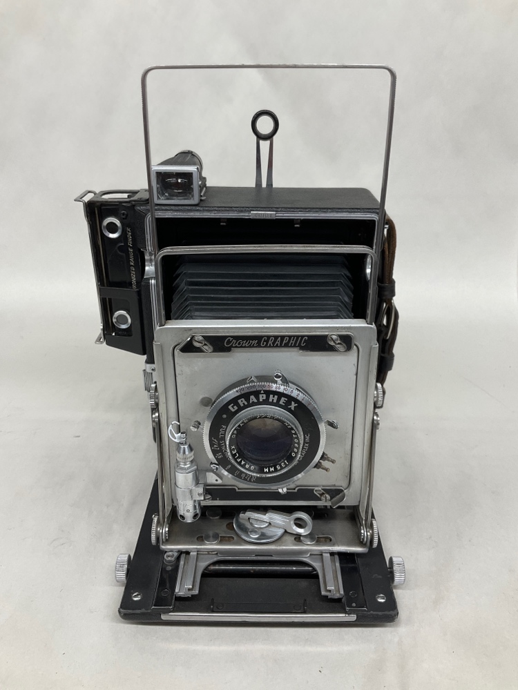 Camera, Graflex Crown Graphic, With Lens, Film Magazine, And Side Handle, Black, 1950s+, Wood