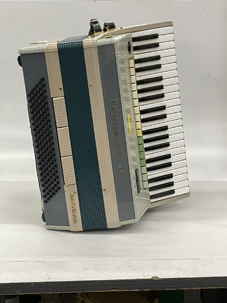 Accordian, Electric Accordian, Model "Transicord", Farfisa Brand, Has Proprietary Cable for Power but No Power Supply, Comes with Straps and Case #33264291, Cream, Farfisa, Plastic