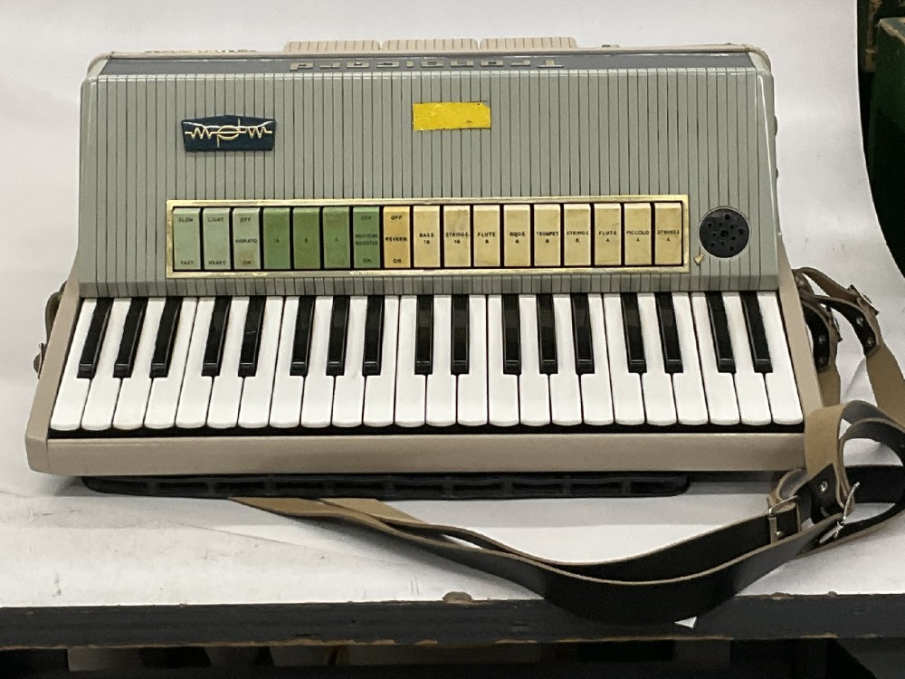 Accordian, Electric Accordian, Model "Transicord", Farfisa Brand, Has Proprietary Cable for Power but No Power Supply, Comes with Straps and Case #33264291, Cream, Farfisa, Plastic