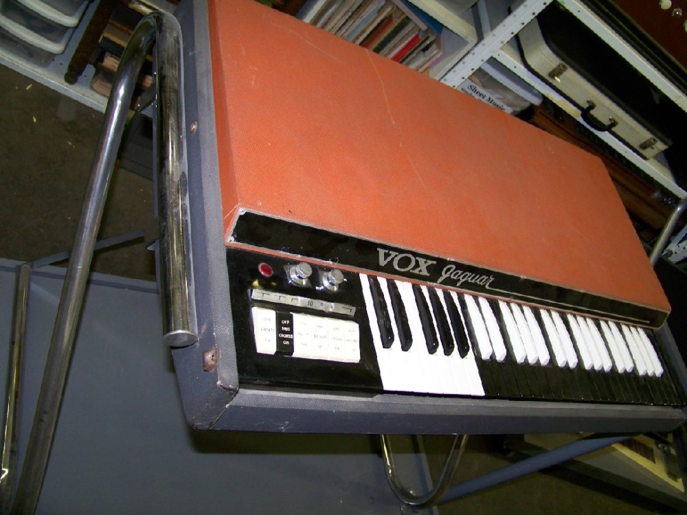 Keyboard, Organ, Jaguar V304E2, Introduced 1965, Has Cover, Playwear, US Version, Organ Dolly Available, Specially made two prong AC Power Cord included, Non Operational, Orange, Vox, 1960s+