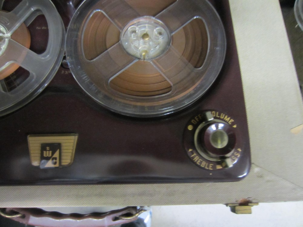 Reel-To-Reel Tape Recorder, Webcor Model 2130, Serial Number 71534, Has Top Lid, Cloth Covered Outside Body And Leather Handle, Practical, Tan, Webcor, 1950s+, Wood