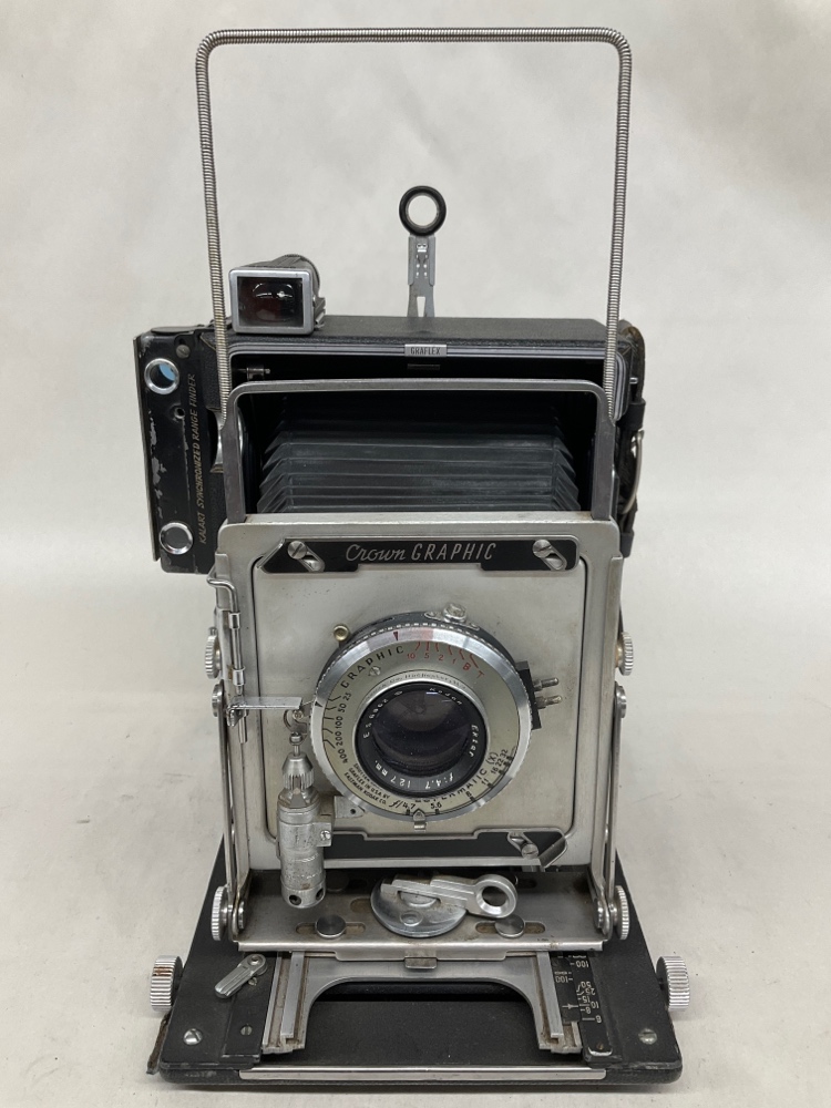 Camera, Graflex Crown Graphic, With Lens, Film Magazine, And Side Handle, Black, 1940s+, Metal